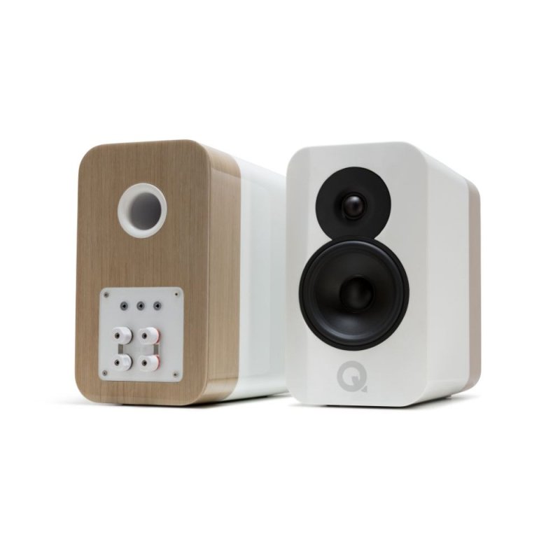 Q Acoustics Concept 300 Standmount Speakers WITH Stands White and Oak (Pair) — front and rear view