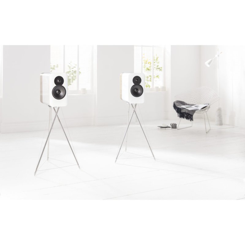 Q Acoustics Concept 300 Standmount Speakers WITH Stands White and Oak (Pair) — lifestyle