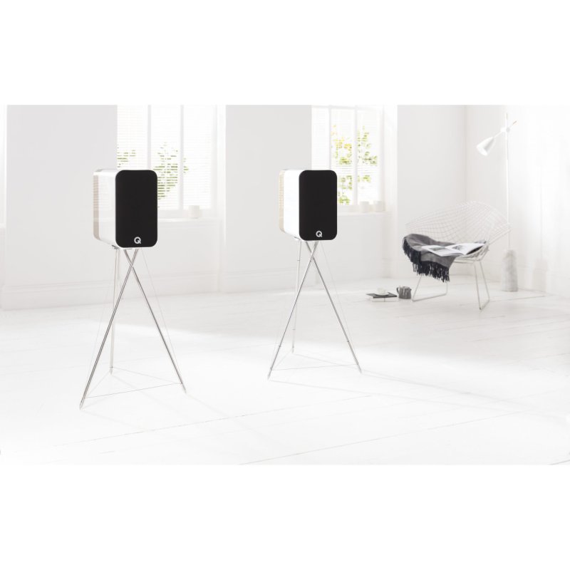 Q Acoustics Concept 300 Standmount Speakers WITH Stands White and Oak (Pair) — lifestyle (grille on)