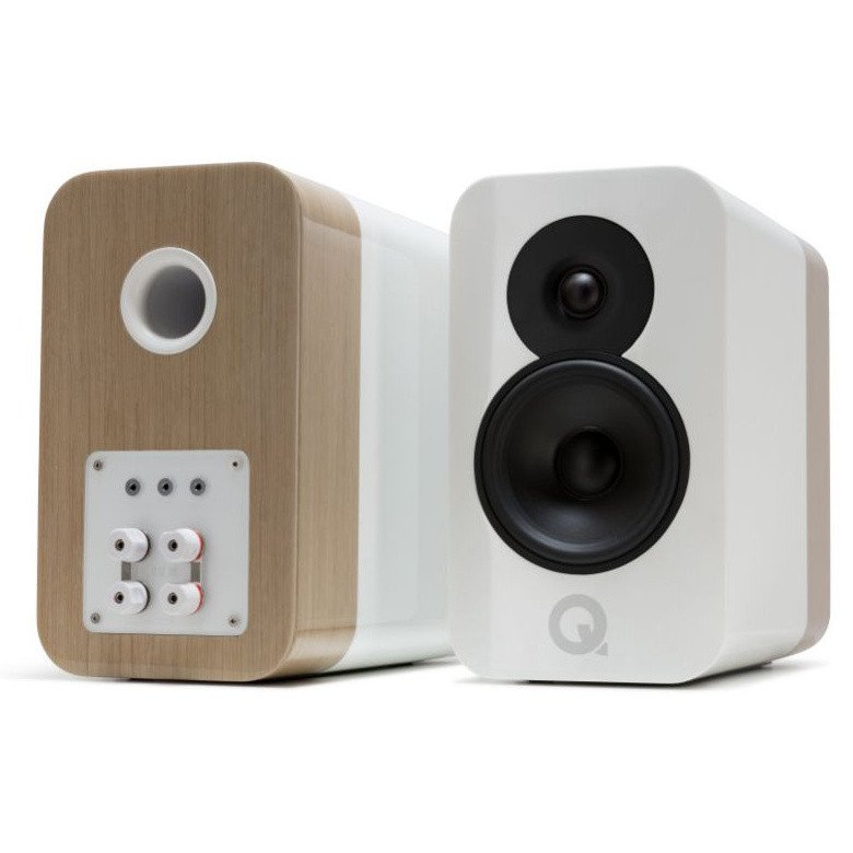 Q Acoustics Concept 300 Standmount Speakers White and Oak (Pair) — front and rear pair view