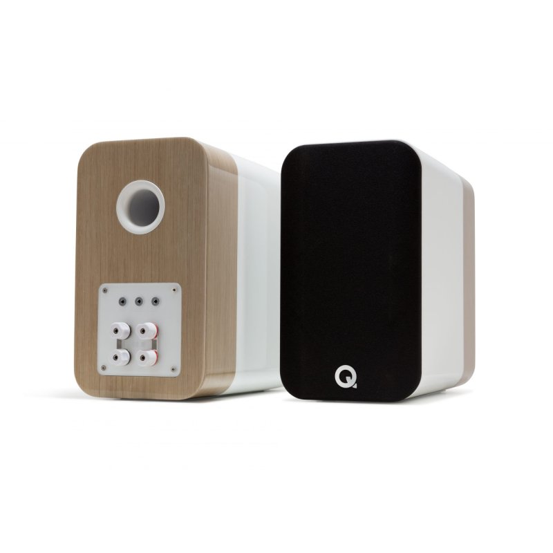 Q Acoustics Concept 300 Standmount Speakers White and Oak (Pair) — front and rear view (grilles on)