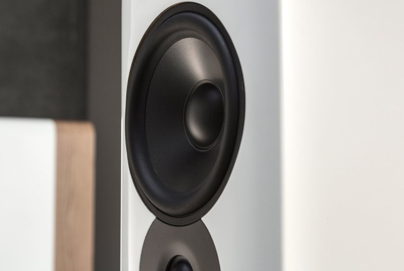 Q Acoustics Concept 500 mid/bass driver close-up — 165mm driver detail on Gloss White cabinet