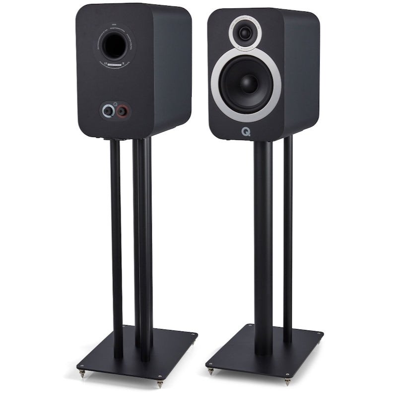 Q Acoustics Q3030FSi stands in black with 3030i speakers mounted - front and rear view