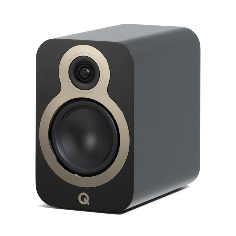 Q Acoustics 3030c Bookshelf Speakers Satin Black (Pair) — front angle (grille off)
