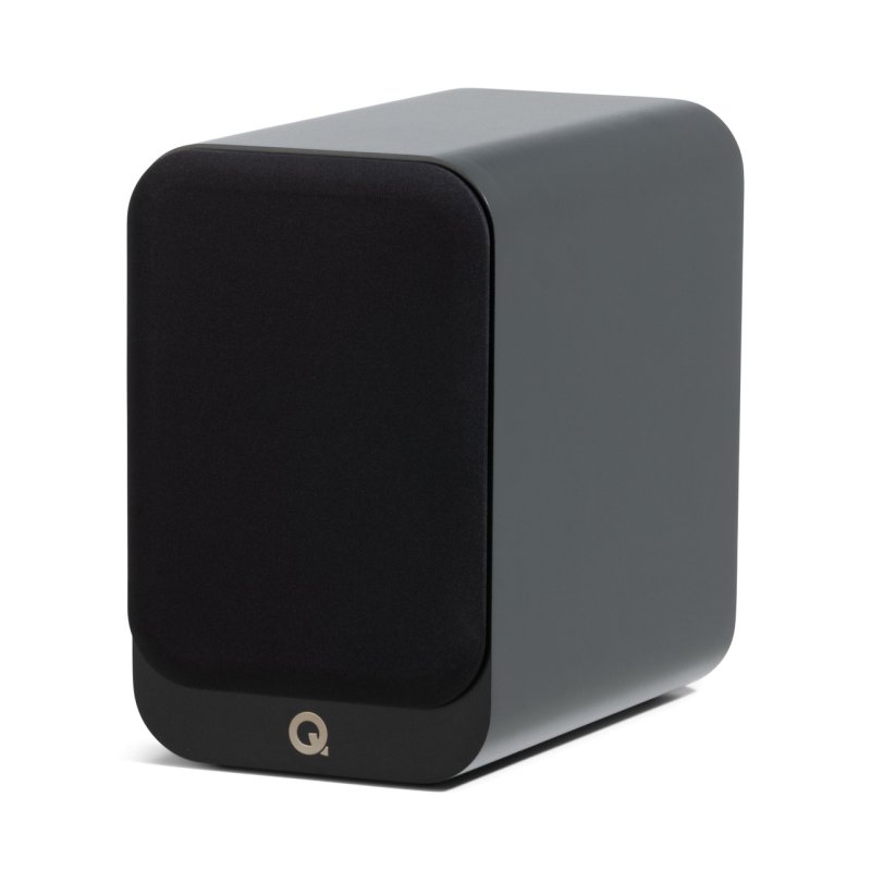 Q Acoustics 3030c Bookshelf Speakers Satin Black (Pair) — front angle (grille on)