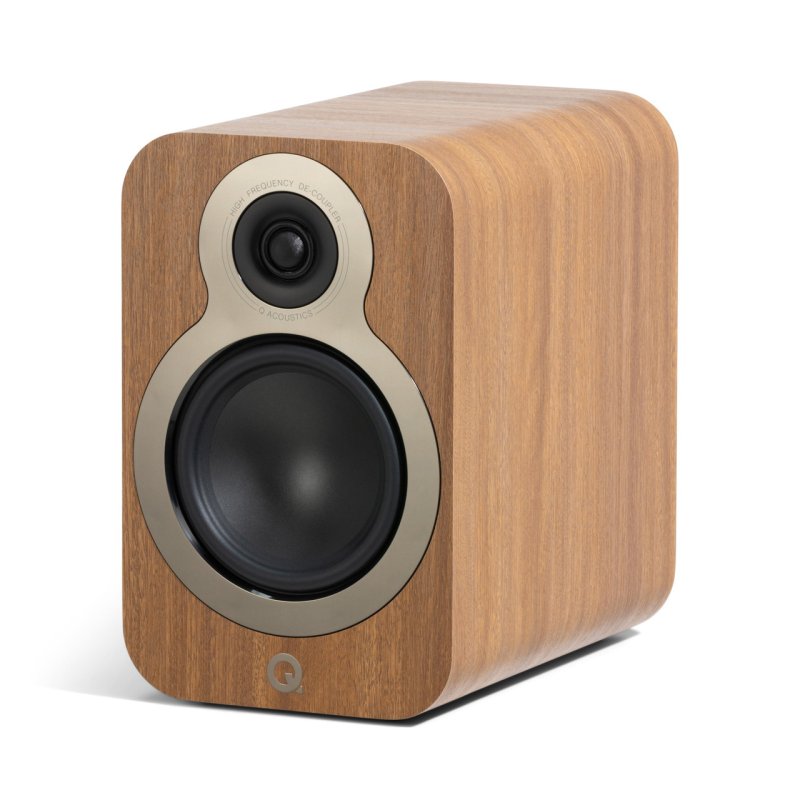 Q Acoustics 3030c Bookshelf Speakers Pin Oak (Pair) — front angle view (grille off)