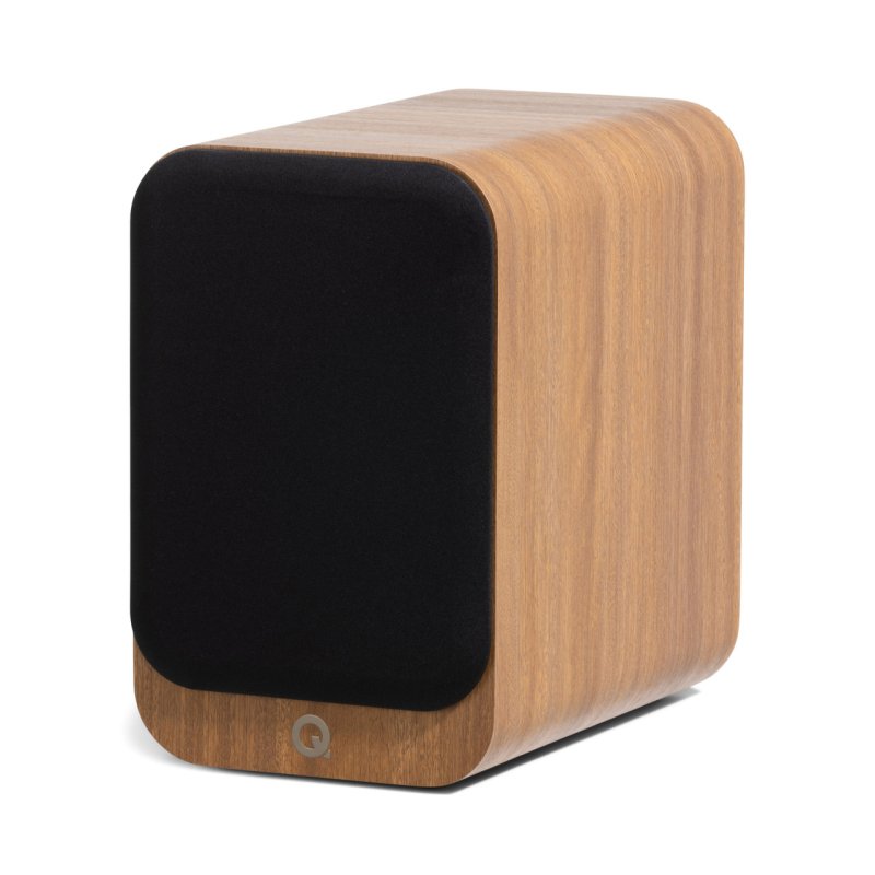 Q Acoustics 3030c Bookshelf Speakers Pin Oak (Pair) — front angle view (grille on)
