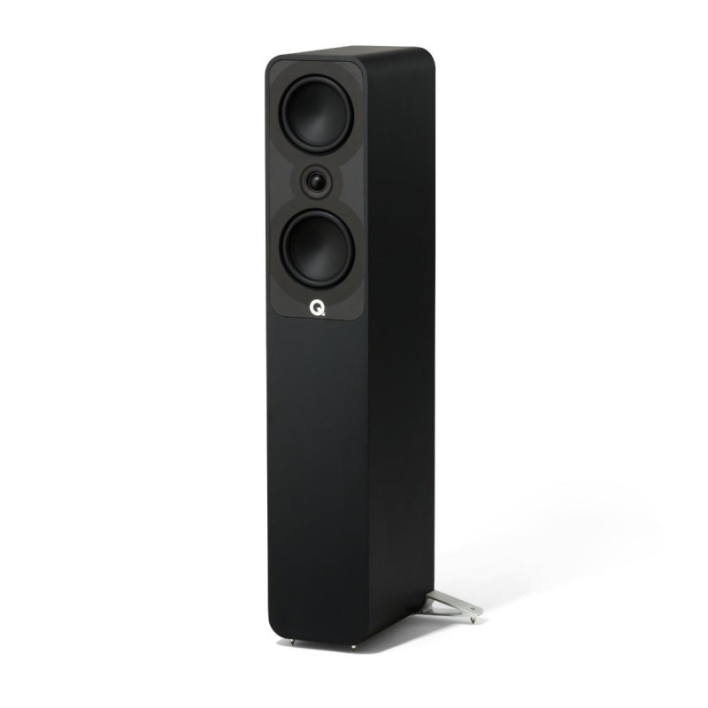 Q Acoustics 5040 Floorstanding Speakers Satin Black (Pair) — angled view (grille off)
