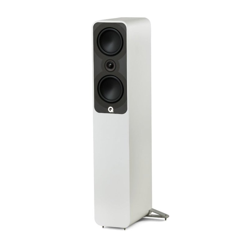 Q Acoustics 5040 Floorstanding Speakers Satin White (Pair) — angled view (grille off)