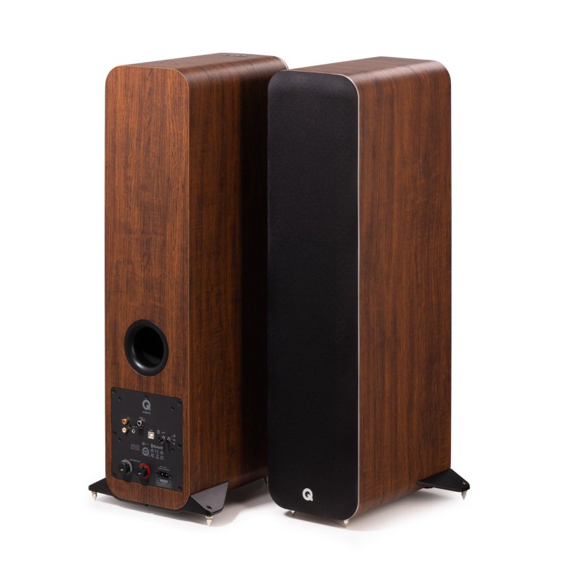 Q Acoustics M40 Wireless Micro-Tower Speakers Walnut (Pair) — front and rear view