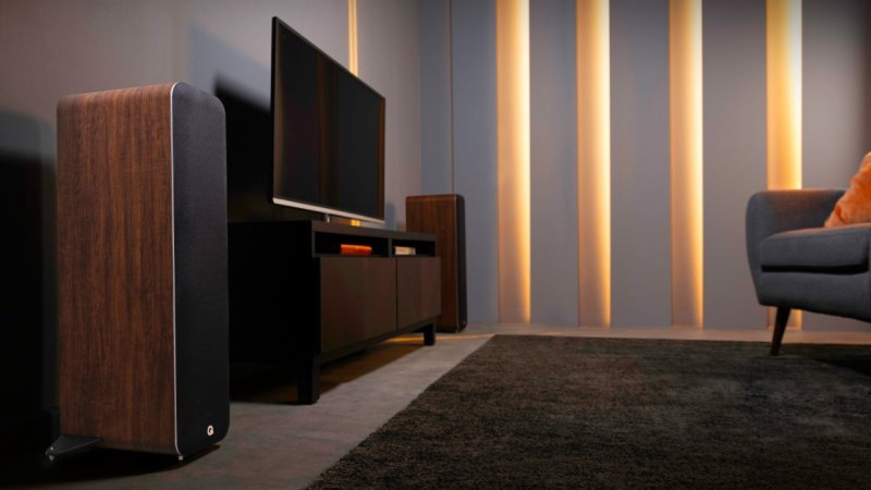 Q Acoustics M40 Wireless Micro-Tower Speakers Walnut (Pair) — lifestyle with TV