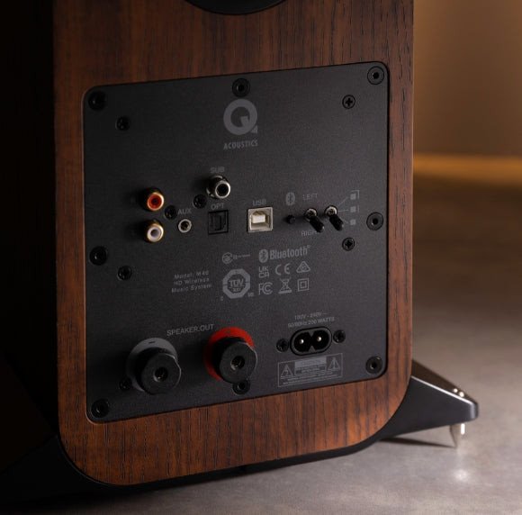 Q Acoustics M40 Wireless Micro-Tower Speakers Walnut (Pair) — rear panel close-up