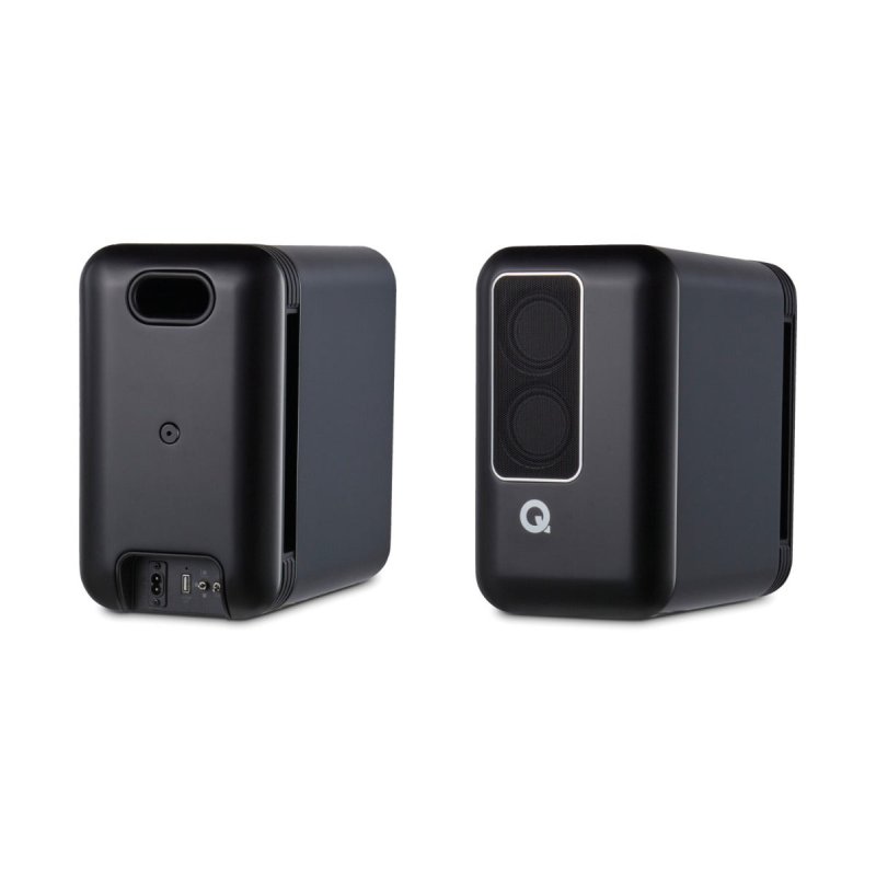 Q Acoustics Q Active 200 Bookshelf Speakers Black (Pair) — rear and front view