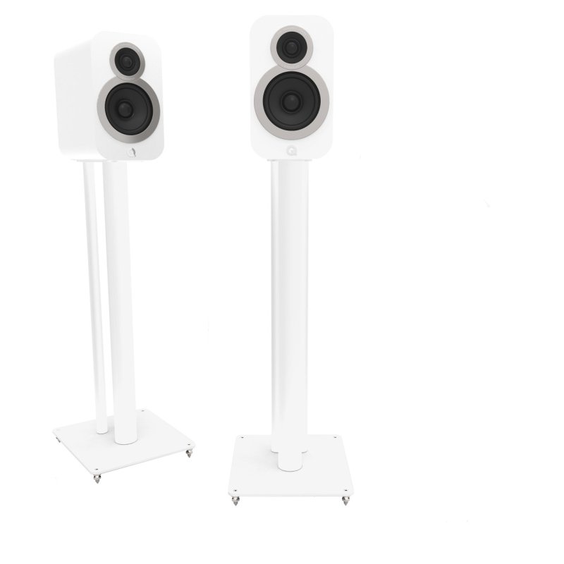 Q Acoustics FS50 Speaker Stands in White with Q Acoustics 3030i Speakers