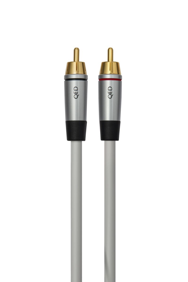 QED Performance Audio gold-plated phono plugs with black and red channel marker rings