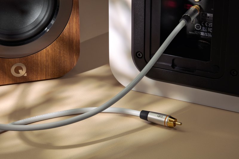 QED Performance Subwoofer cable connected to an active subwoofer