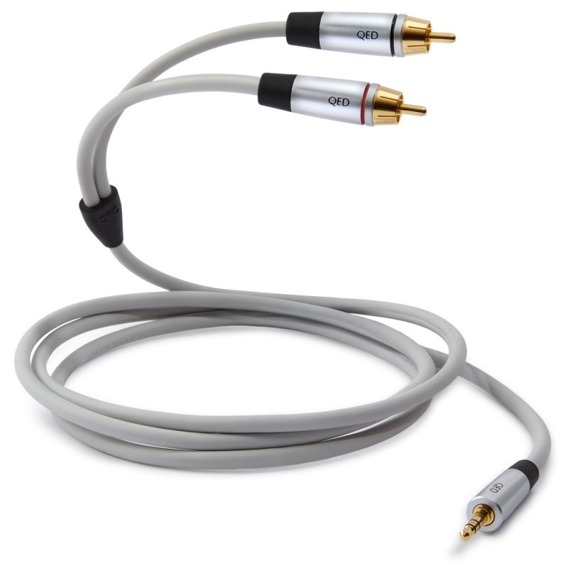 QED Performance J2P cable coiled, showing the 3.5mm jack and twin phono plugs