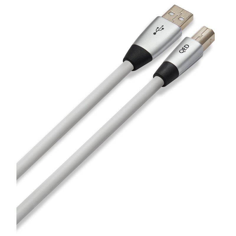 QED Performance USB cable plugs in silver-grey styling, angled view