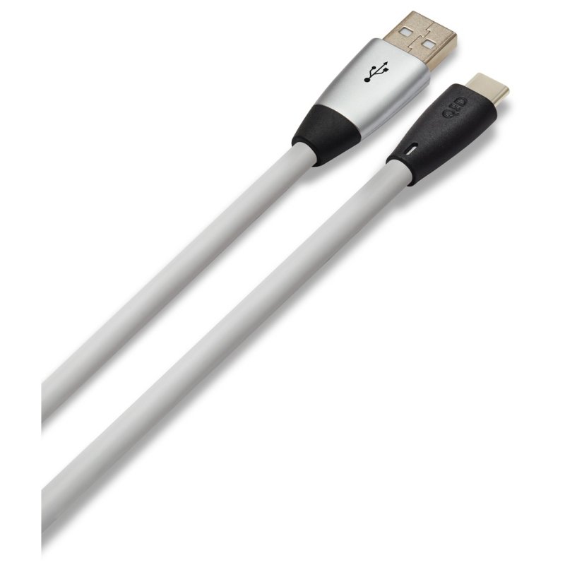QED Performance USB-A to USB-C cable plugs in silver-grey styling, angled view