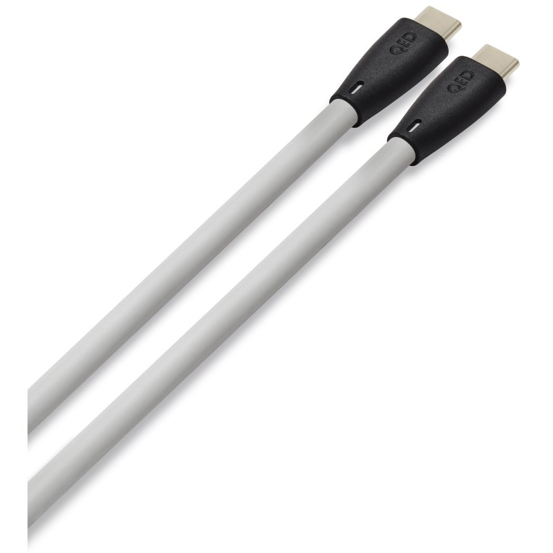 QED Performance USB-C to USB-C cable plugs in silver-grey styling, angled view