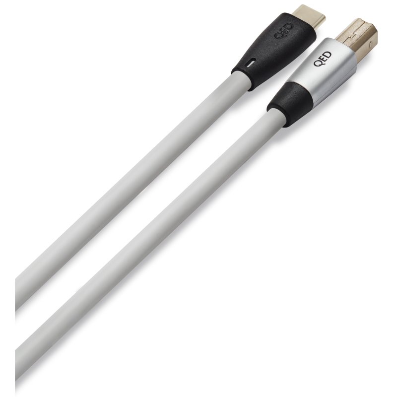 QED Performance USB-C to USB-B cable plugs in silver-grey styling, angled view