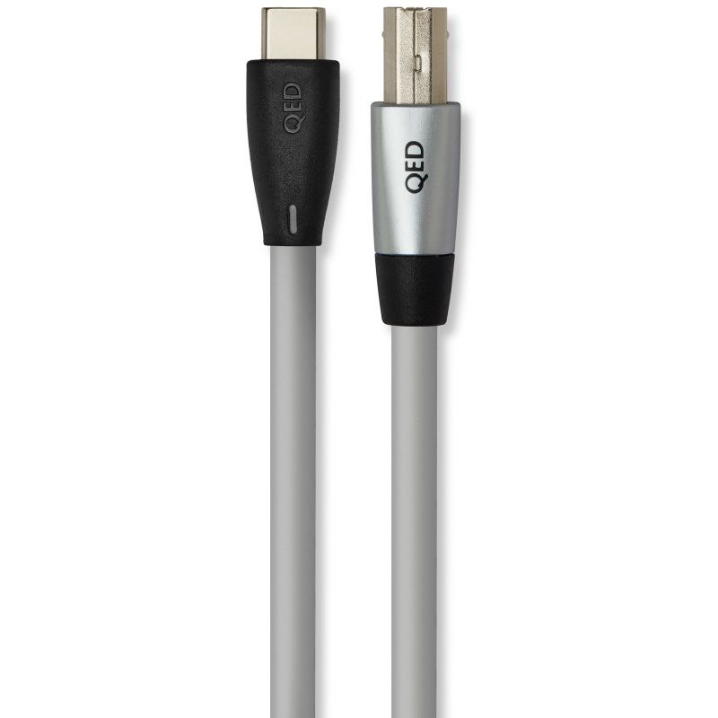 QED Performance USB nickel-plated USB Type-C and USB Type-B plugs, face on