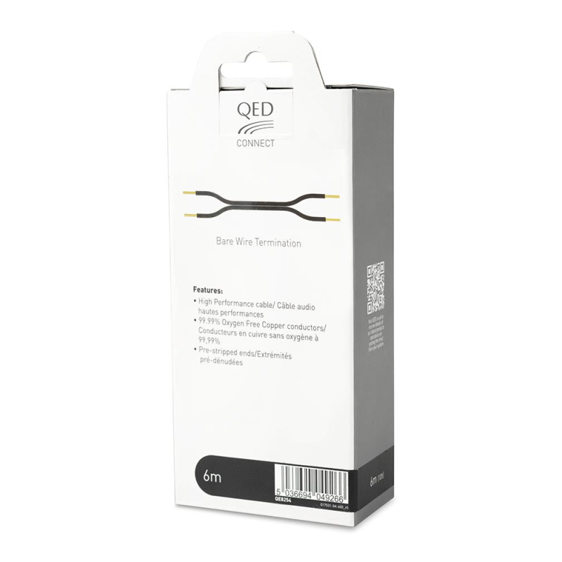 QED Connect Speaker Cable (6m Single) — retail packaging showing product features and specifications