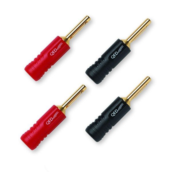 QED Screwloc 4mm Banana Plugs (4 Pack) — pack contents (2 red, 2 black)