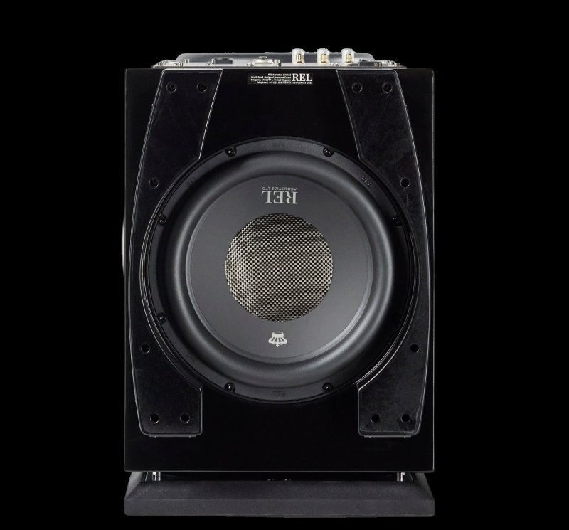 REL Acoustics 212 Black Label – bottom view showing down-firing passive radiator