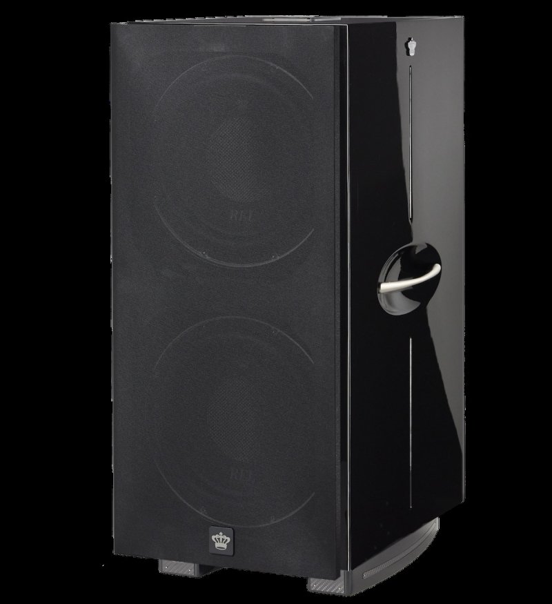 REL Acoustics 212 Black Label – three-quarter view with cloth grille fitted