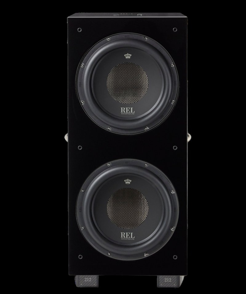 REL Acoustics 212 Black Label – front view showing dual 12-inch CarbonAlloy drivers