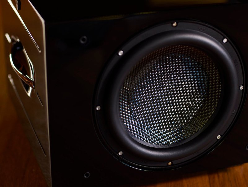 REL Acoustics Carbon Special Black Label 12-inch carbon fibre driver detail