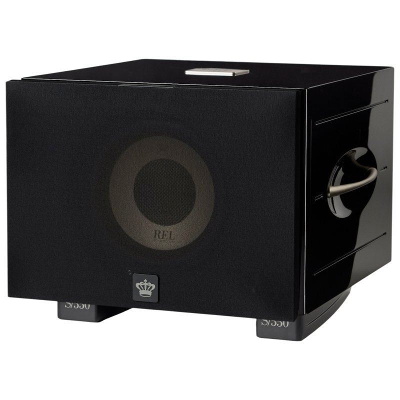 REL Acoustics S/550 Subwoofer Piano Black with cloth grille - three-quarter view