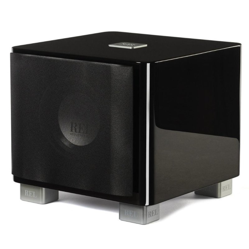 REL Acoustics T/7x (Piano Black) angled view with grille