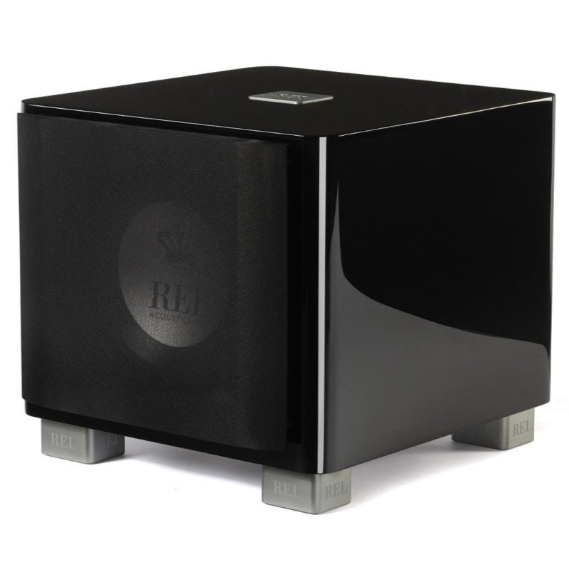 REL Acoustics T/9x Subwoofer Piano Gloss Black — angled view (grille on)