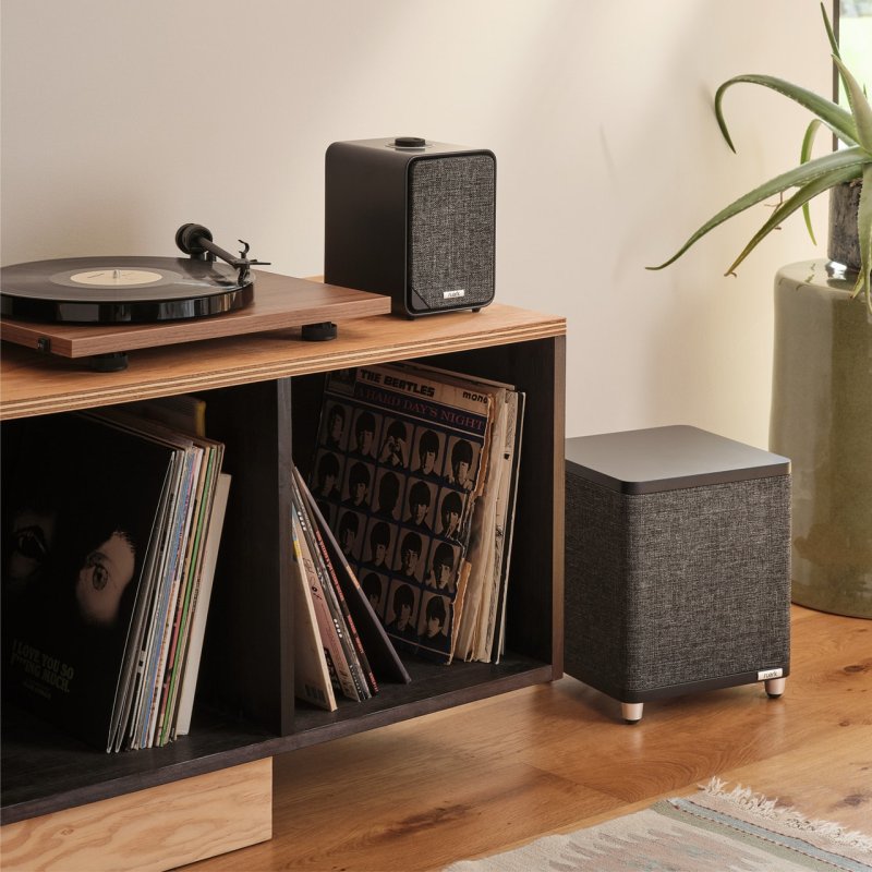 Ruark MR1 Mk3 Active Bluetooth Speakers Charcoal (Pair) — lifestyle with subwoofer