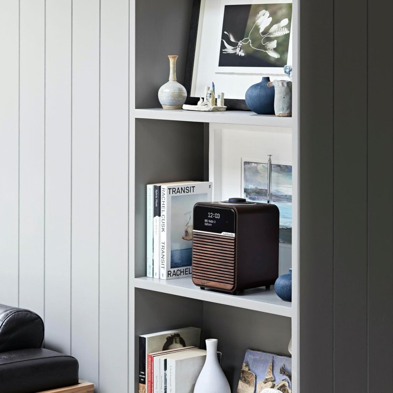 Ruark R1 Mk4 Deluxe Bluetooth Radio Espresso — lifestyle on bookshelf