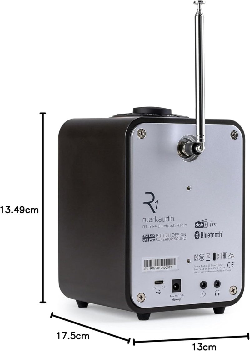 Ruark R1 Mk4 Deluxe Bluetooth Radio Espresso — rear panel with dimensions