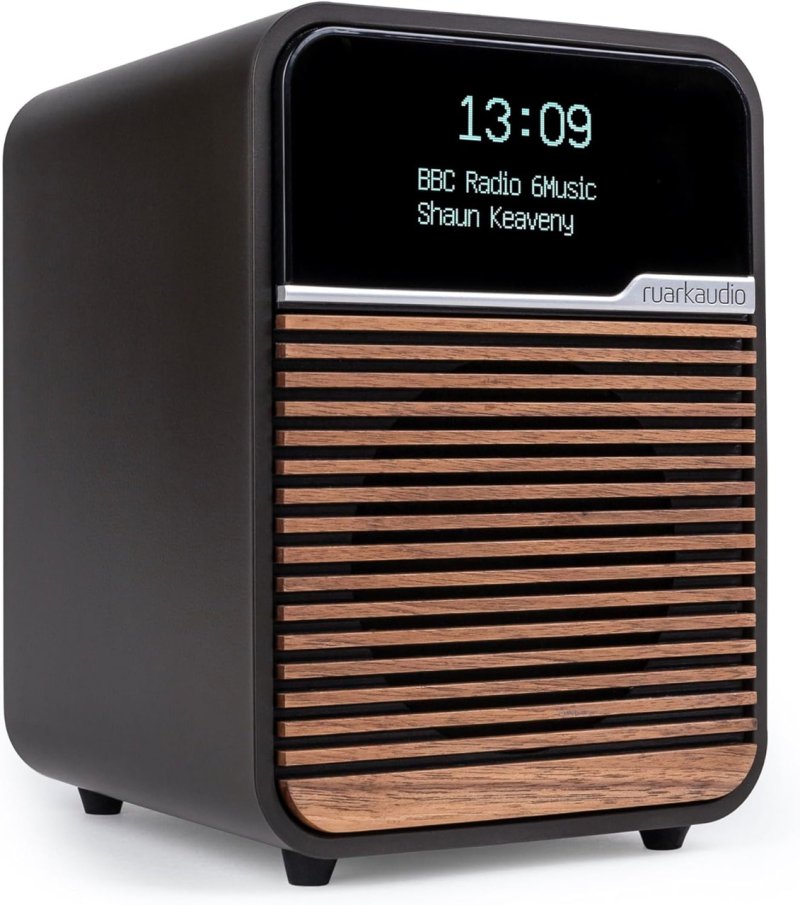 Ruark R1 Mk4 Deluxe Bluetooth Radio Espresso — three-quarter view with display