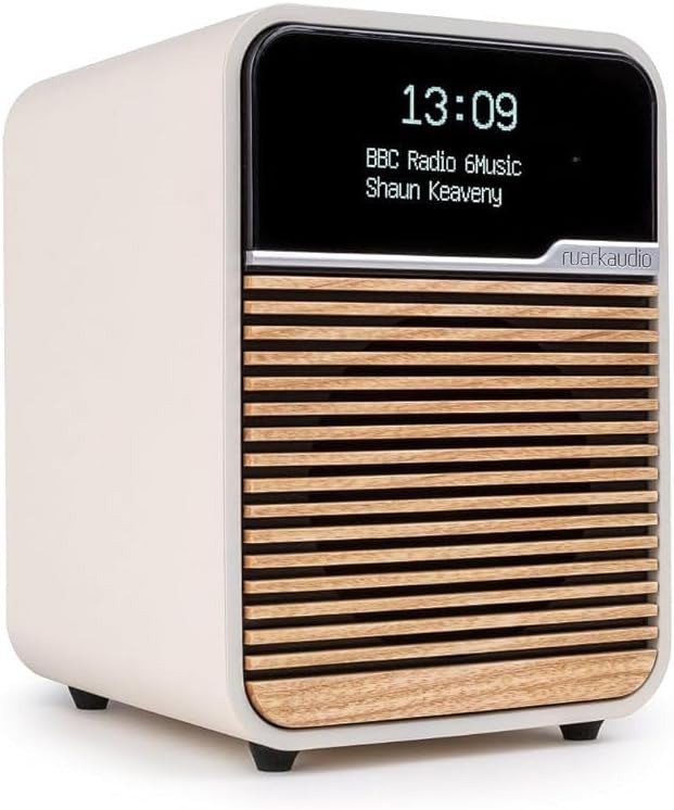 Ruark R1 Mk4 Deluxe Bluetooth Radio Light Cream — three-quarter view with display