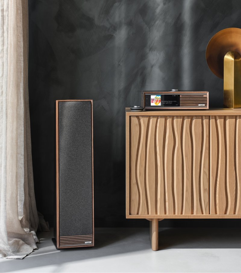 Ruark R710 in Fused Walnut with Talisman-R speaker, sideboard setting