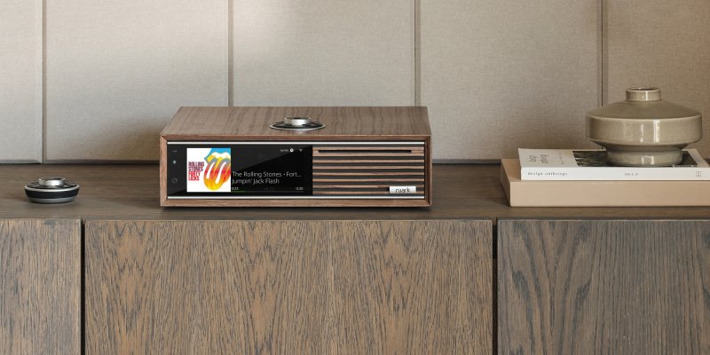 Ruark R710 CD Hi-Fi Console in Fused Walnut with wireless remote, lifestyle setting