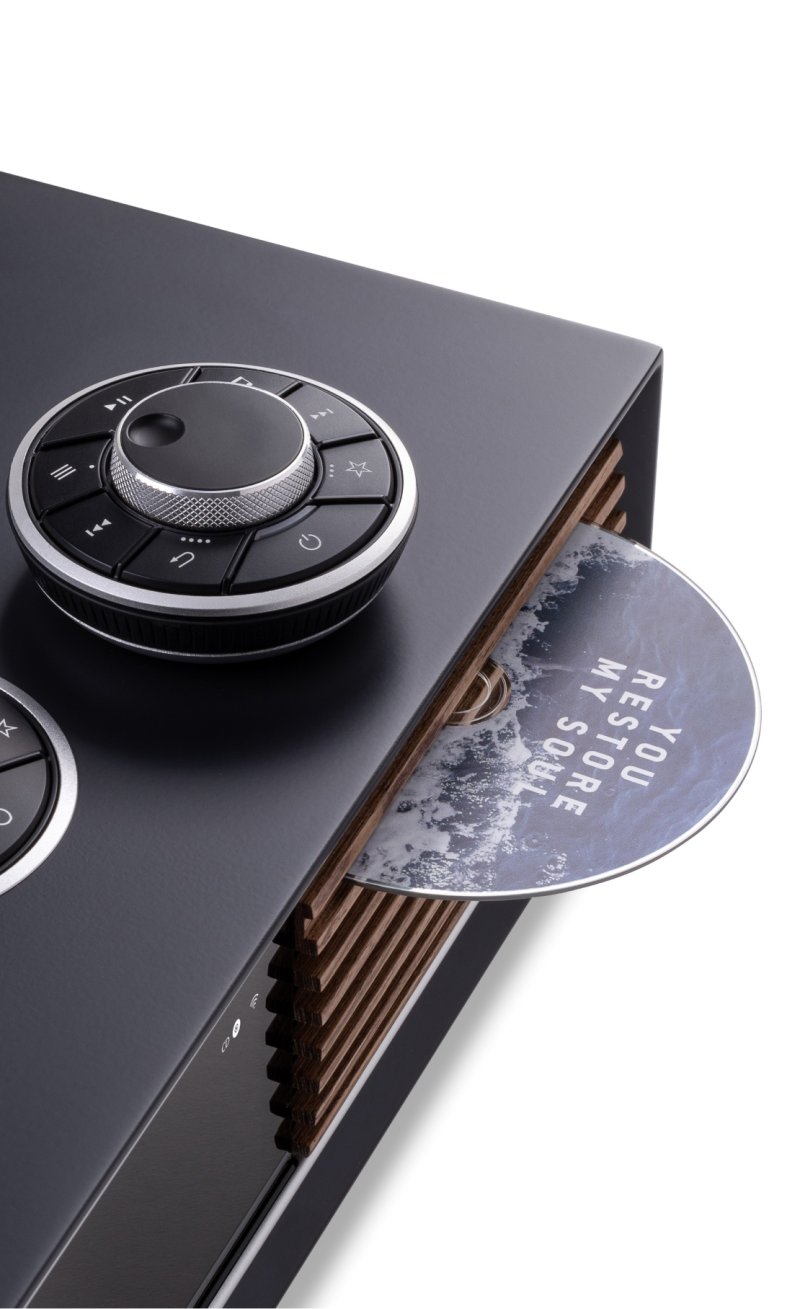 Ruark R710 RotoDial controller and CD slot detail, Satin Charcoal