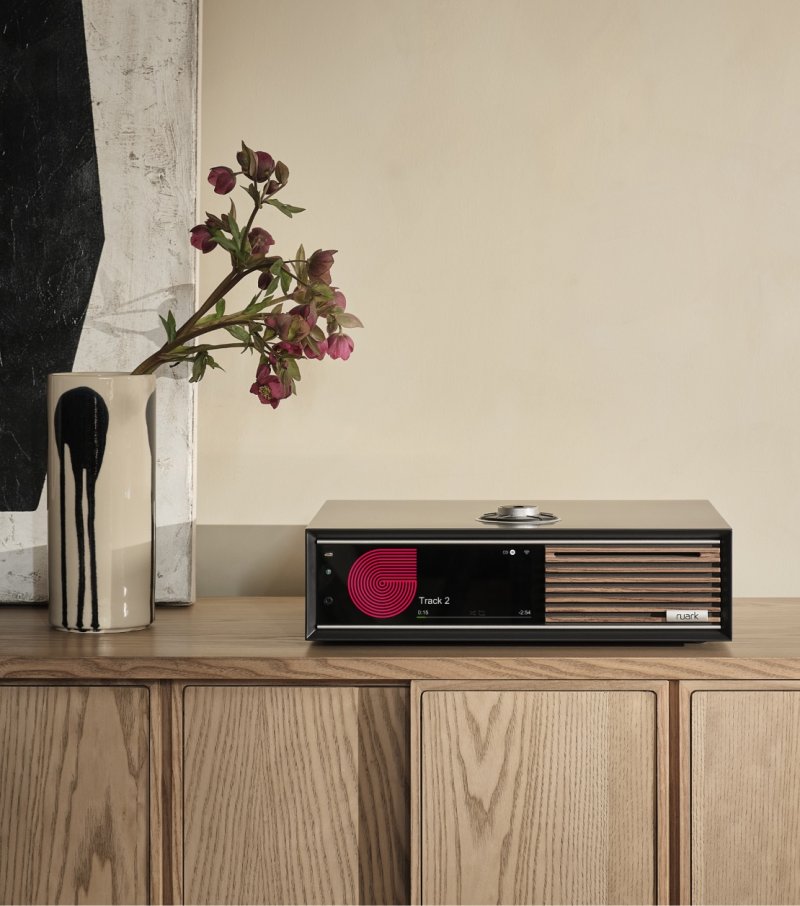 Ruark R710 CD Hi-Fi Console in Satin Charcoal, lifestyle setting
