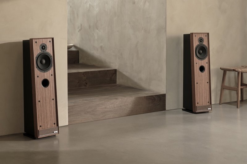Ruark Talisman-R Fused Walnut floorstanding speakers in a living room