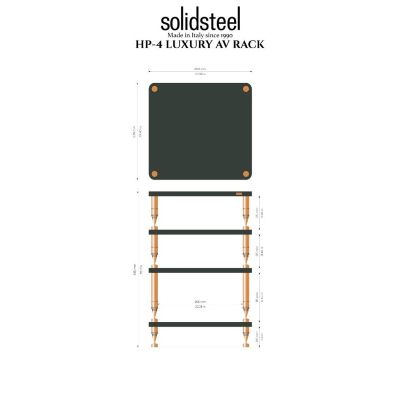Solid Steel HP-4 Ceramic Hi-Fi Rack (Slate Black) — dimensions diagram