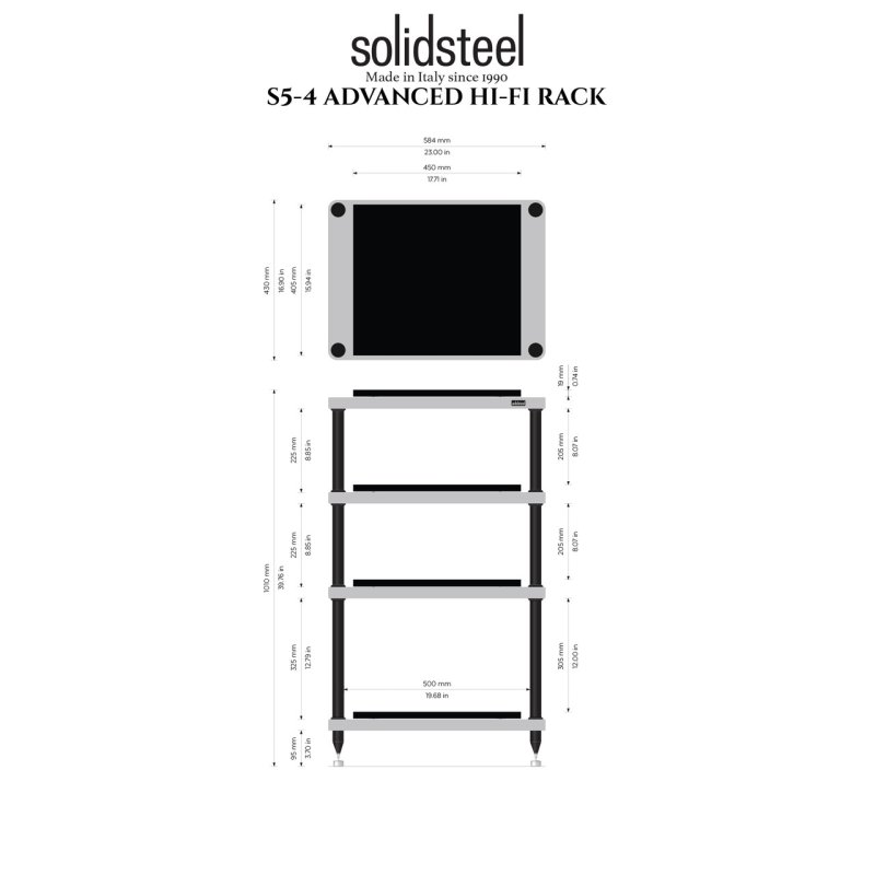 Solid Steel S5-4 Hi-Fi Rack — detailed dimension diagram with shelf spacing