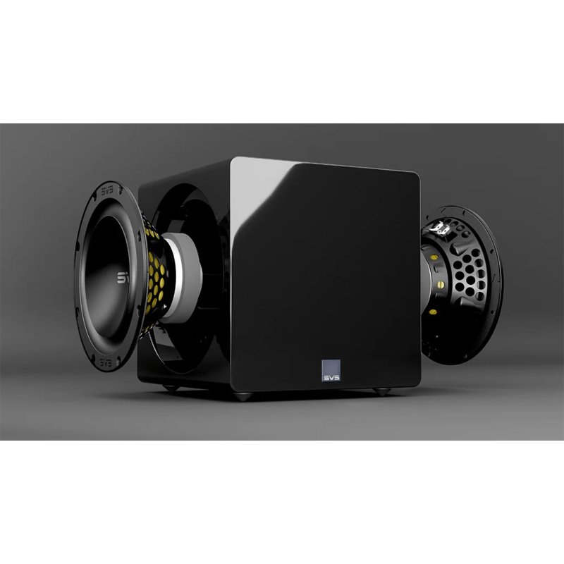SVS 3000 Micro Subwoofer in Gloss Black exploded view displaying drivers