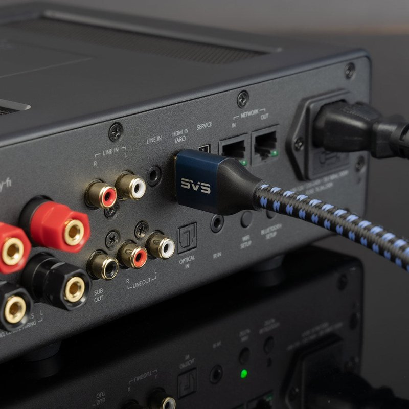 SVS SoundPath Ultra HDMI Cable (2m) — lifestyle, plugged into AV receiver rear panel