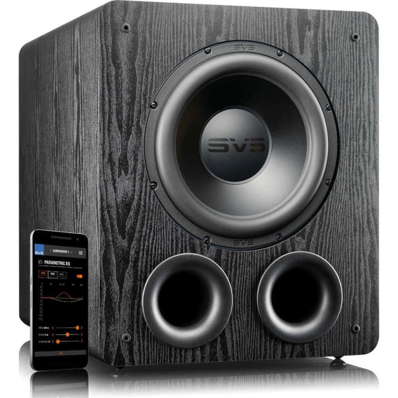 SVS PB-2000 Pro Subwoofer Black Ash — hero view with SVS app